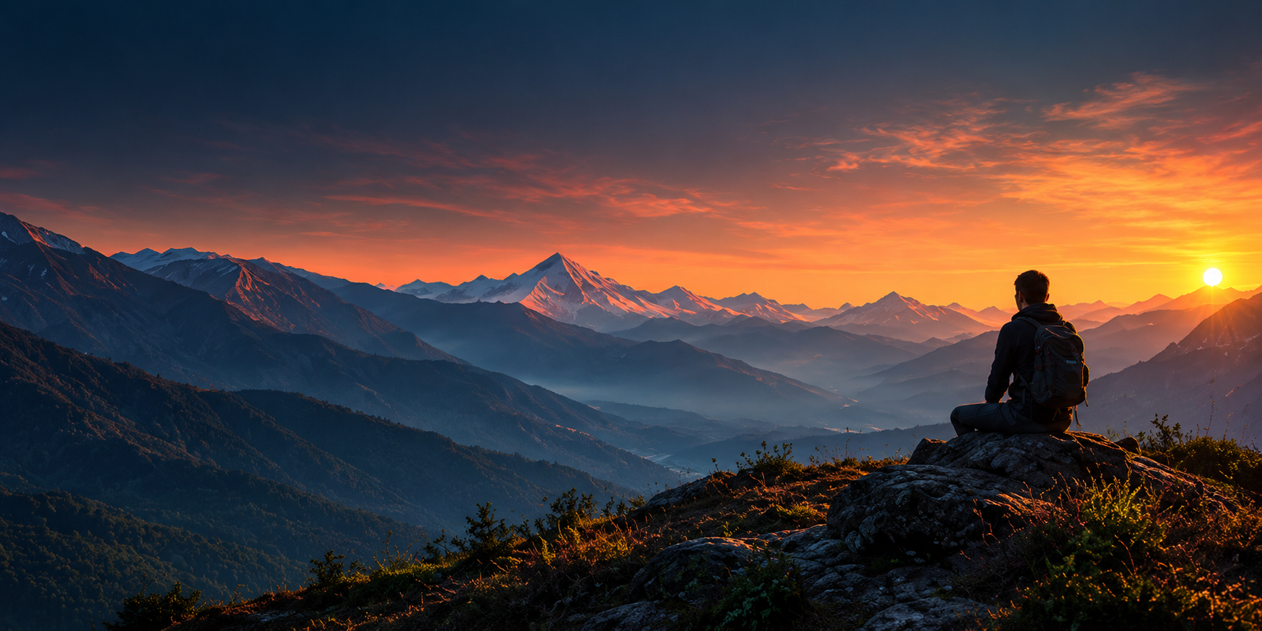Person overlooking a mountain landscape at sunset